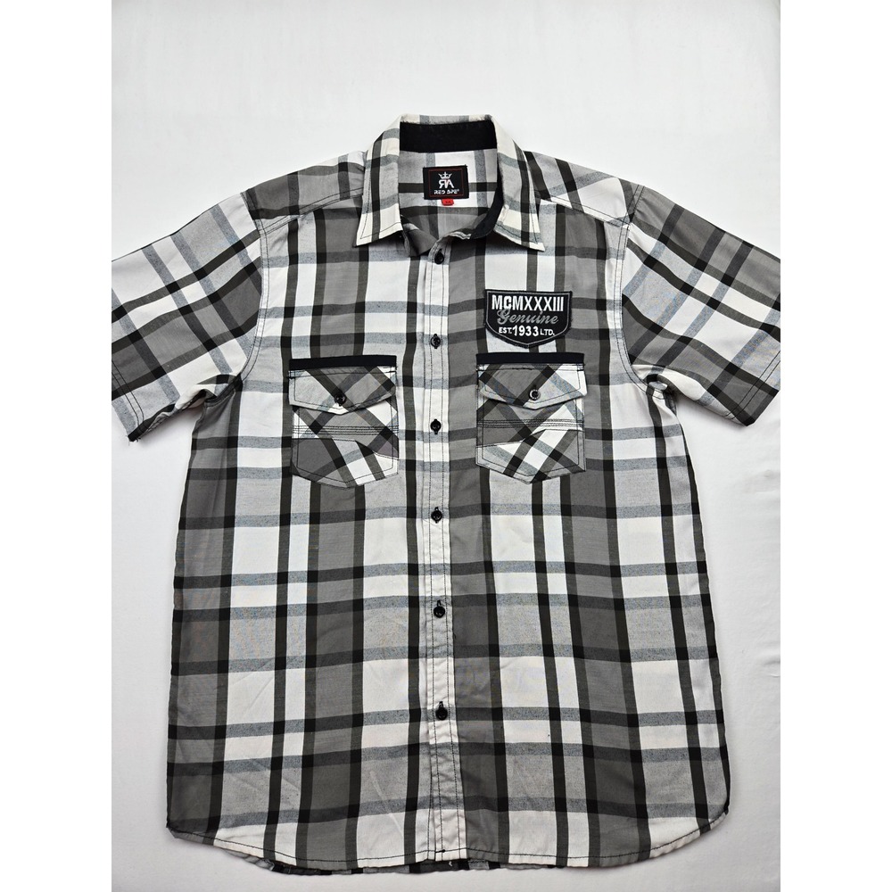 Red Ape Mens Plaid Short Sleeve Button Down Shirt Grey‎ Black Medium RN 138278